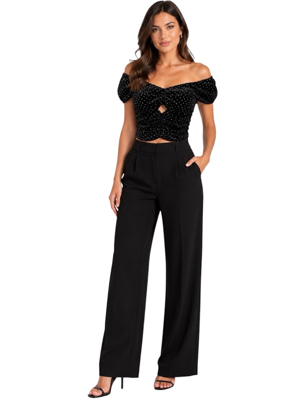The Frolic Anthropologie Black Crushed Velvet Cutout Cropped Top Rhinestones L